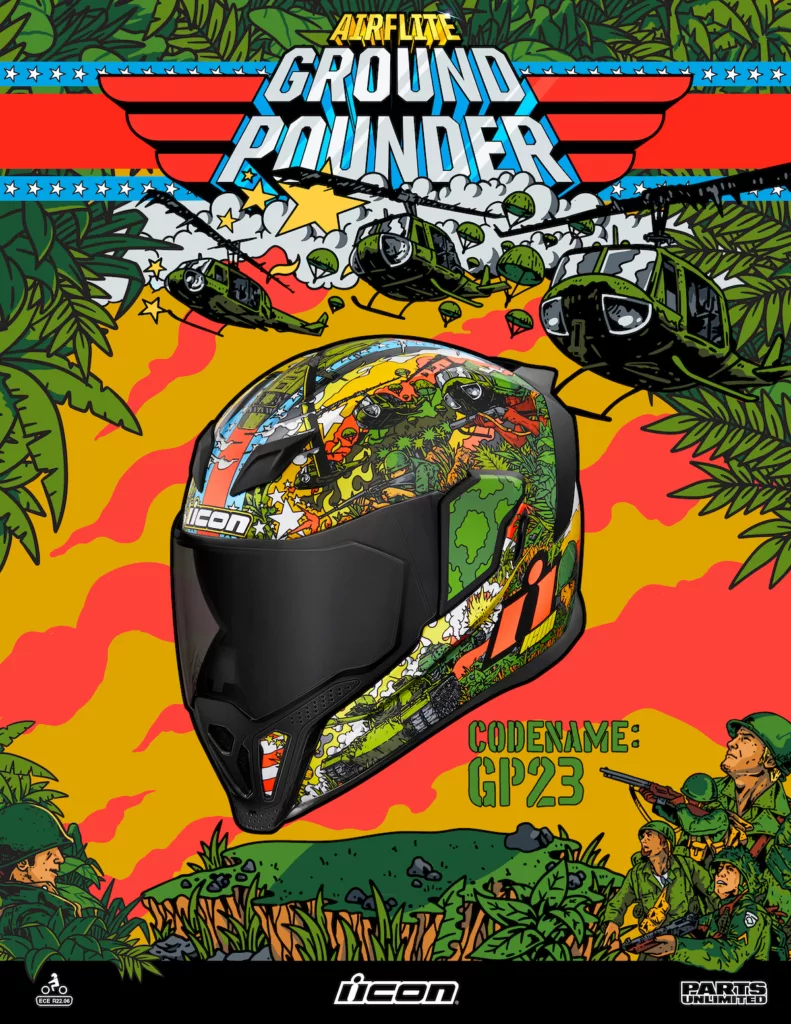 Domain Helmet and Helmlink Communicator from ICON Motosports 10 https://rideicon.com/gear/helmets/airflite/groundpounder/green