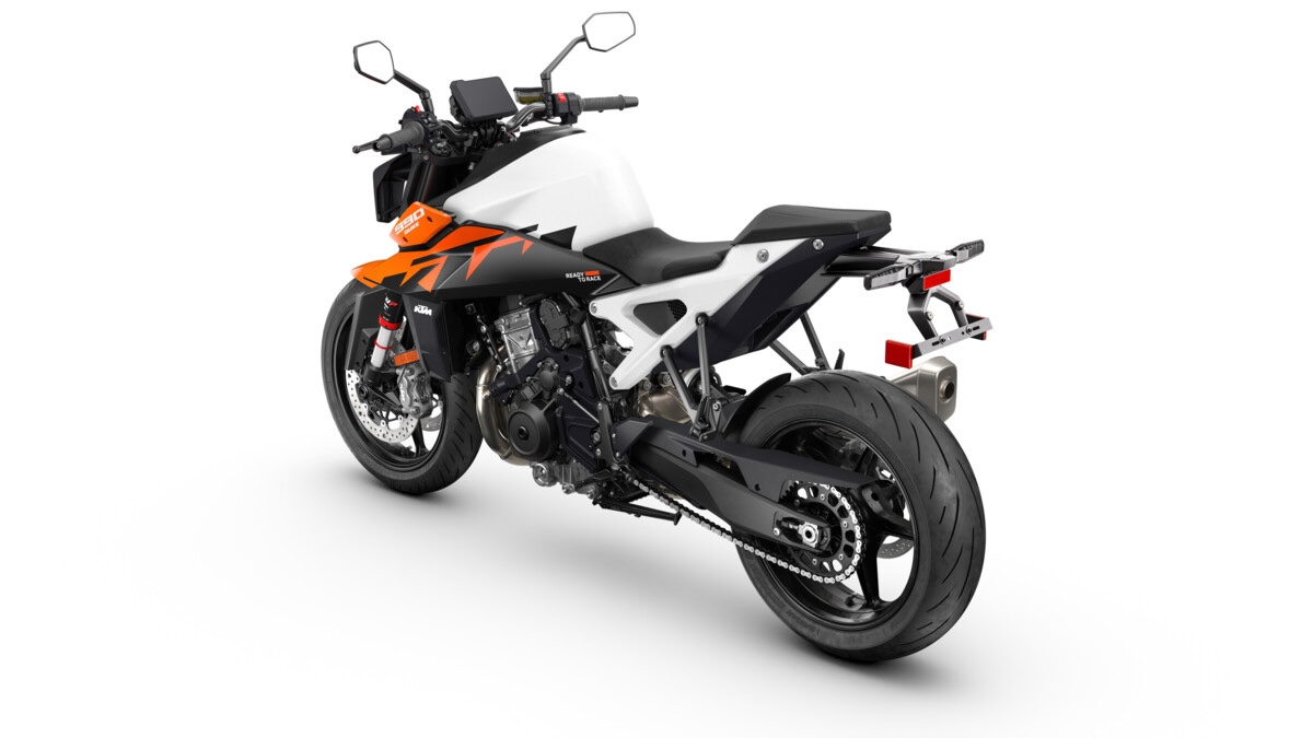 726295 MY27 KTM 990 DUKE US SPEC STUDIO 45 REAR LEFT USA2026 ktm model launch sportbikesincmag.com