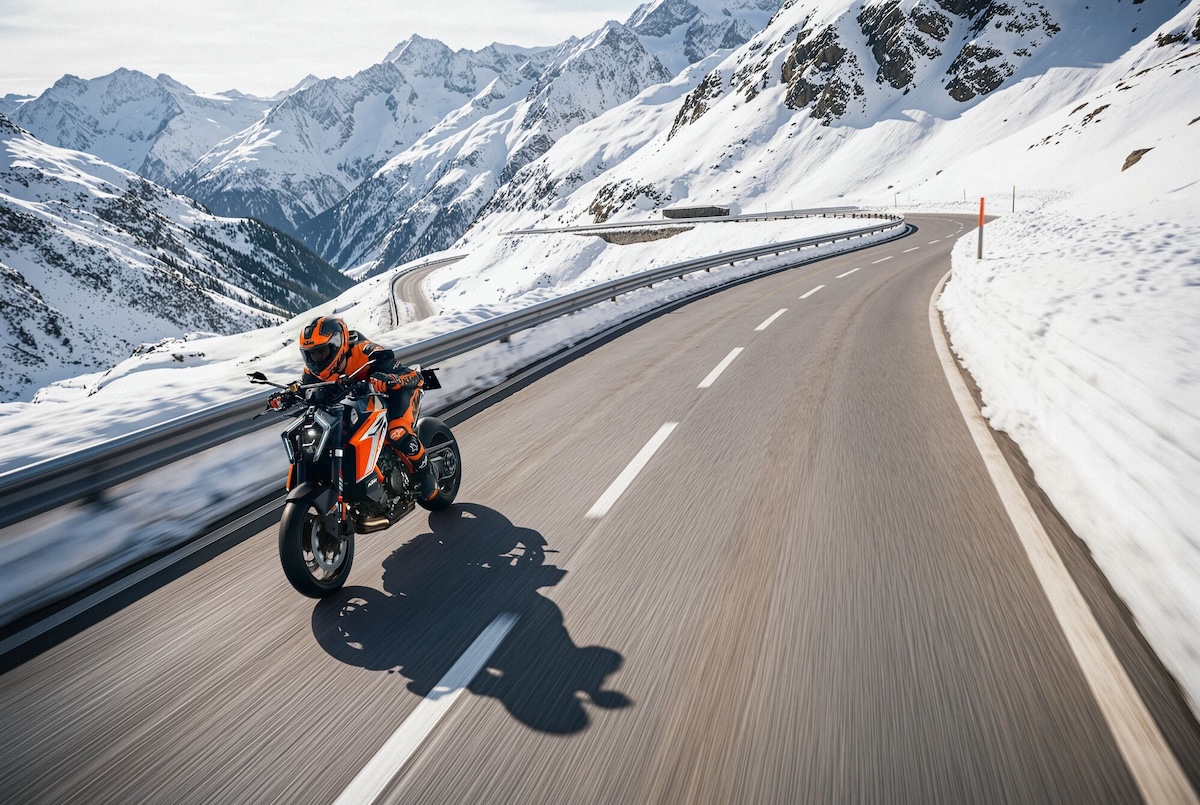 KTM 1390 Super Duke RR: 11 Kilograms, 193 PS, 350 Units 4 2026 KTM 1390 Super Duke RR rider on mountain pass at speed with Alpine scenery