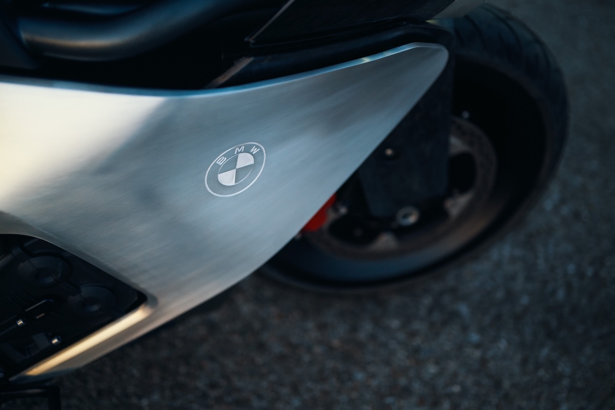 BMW Motorrad Vision K18 rear three-quarter view showing six tailpipes framed in carbon