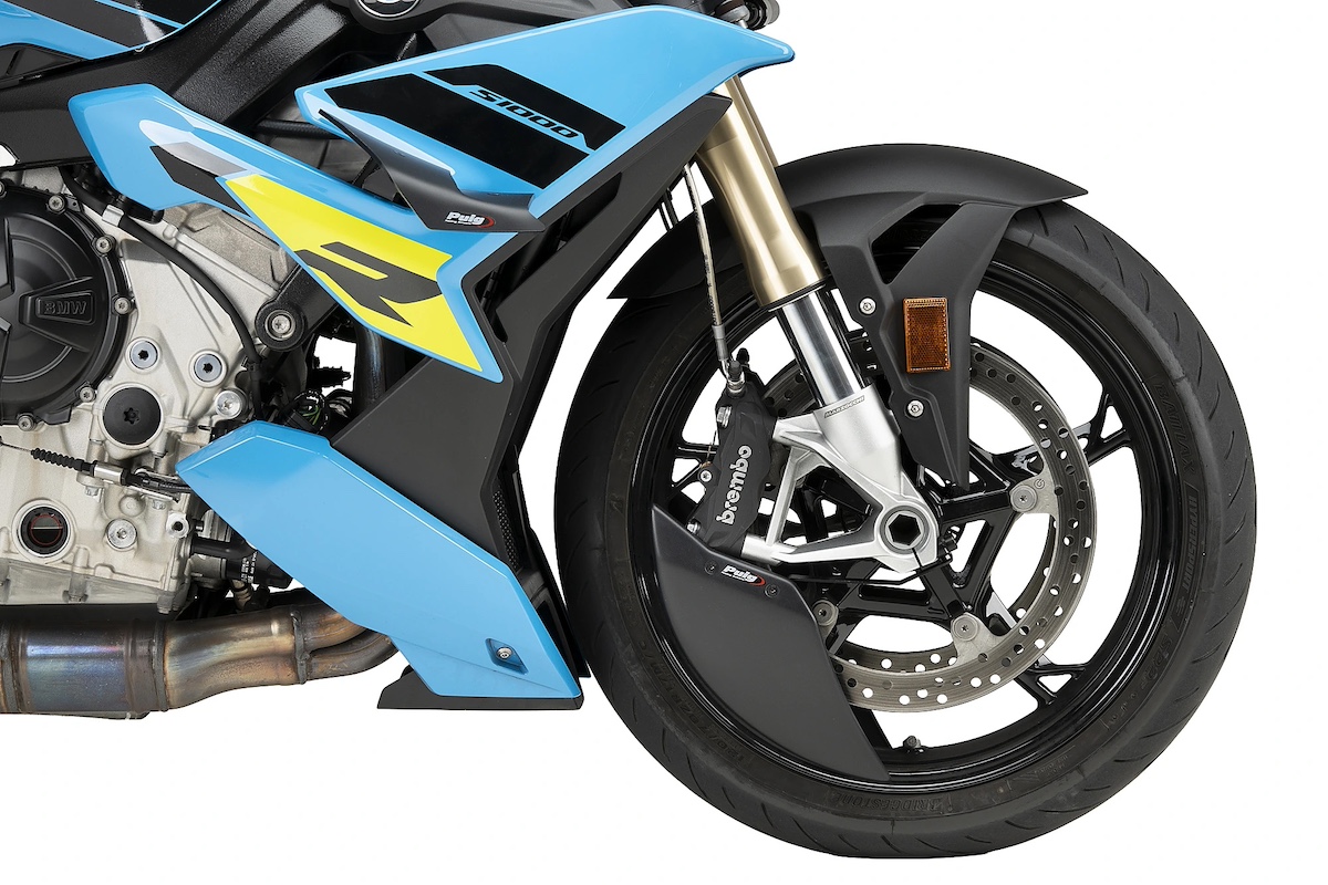 Puig Aero Wheel Deflector installed on sport bike showing three finish options