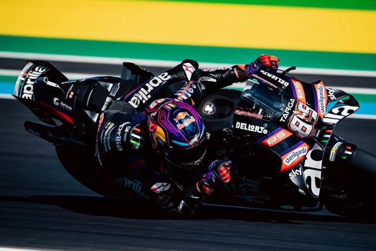 Jorge Martin leans his Aprilia RS-GP through a corner during the 2026 Brazilian MotoGP at Goiania