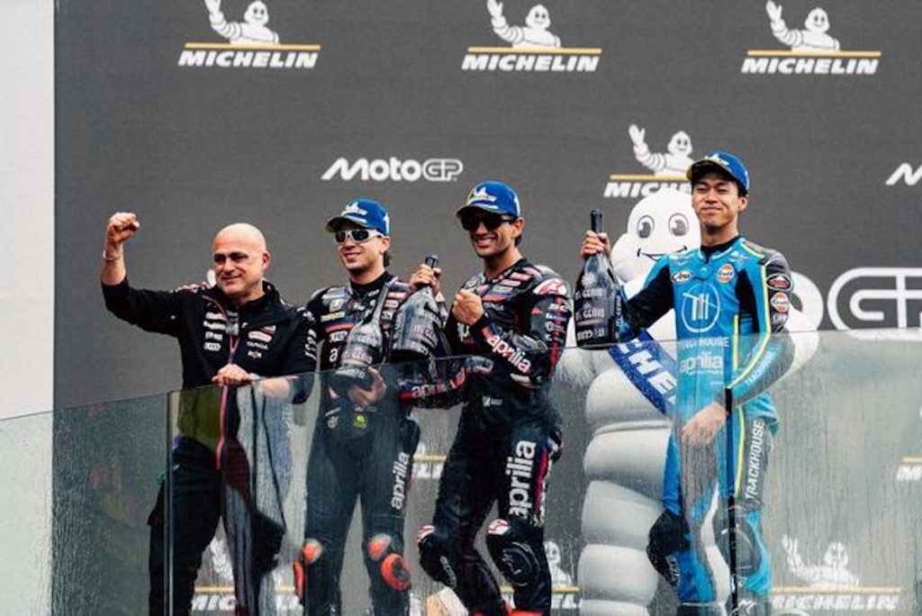 Jorge Martin, Marco Bezzecchi and Ai Ogura on the all-Aprilia French MotoGP 2026 podium at Le Mans