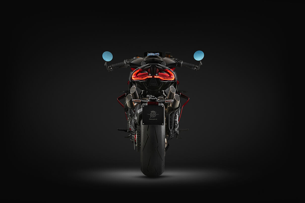 MV Agusta Brutale 1000 ABT rear view with tail lights illuminated and MOTORCYCLE ART plate