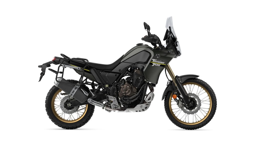 2024 Yamaha Ténéré 700 Explore in Tech Kamo livery shown in studio side profile with side case stays